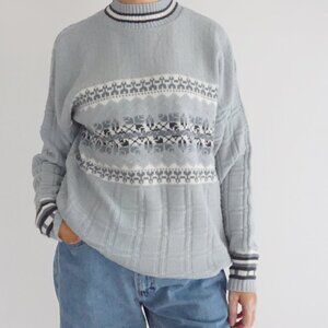 Vintage Basic Editions Grey Blue Nordic Stripe Fair Isle Knit Preppy Sweater M